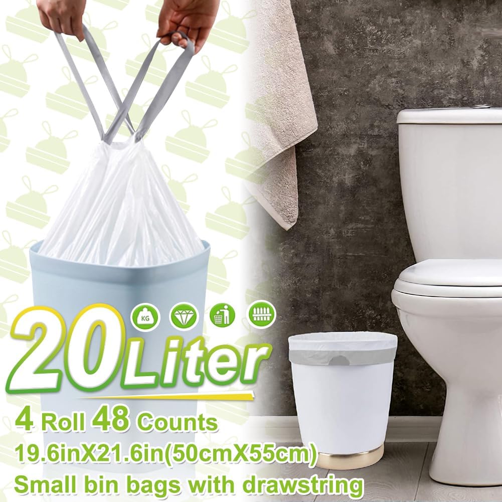 Bin Bags 20L with Drawstring Tie Handle,AOSULI White Bin Liners/Strong Trash Bags