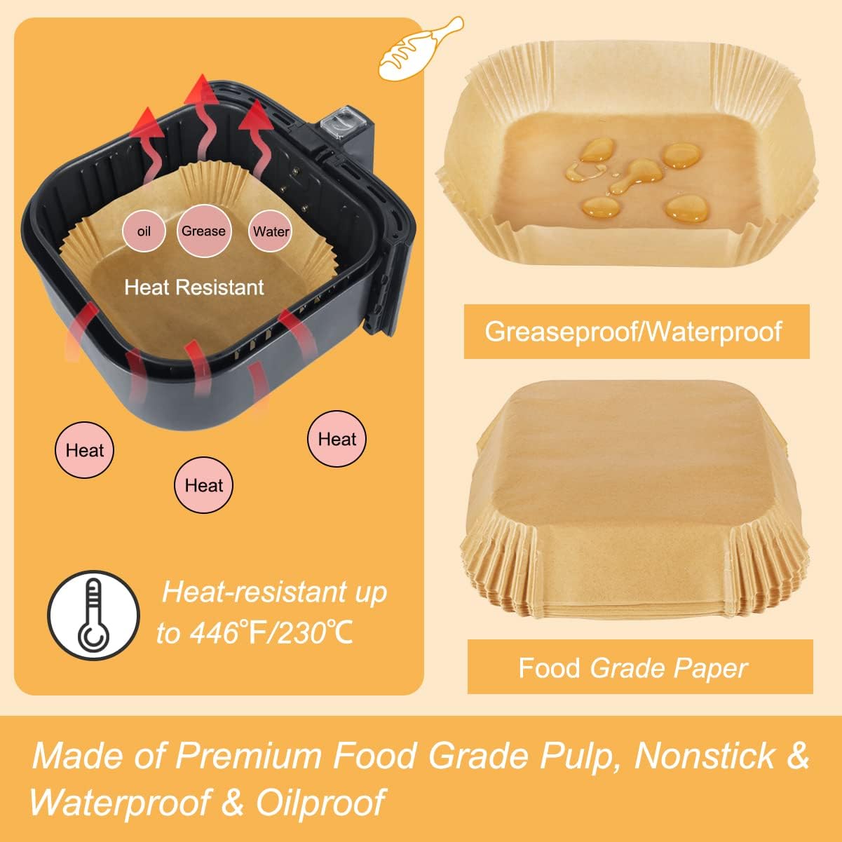 BYKITCHEN Air Fryer Parchment Paper Liner, 50PCS Square Air Fryer Liners Disposable, Greaseproof Paper, Compatible with COSORI, Ninja, Tefal, Russell Hobbs Fryers