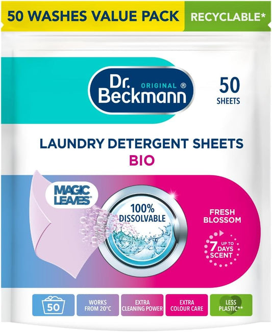 Dr. Beckmann Laundry Detergent Sheets BIO | Fresh Blossom | MAGIC LEAVES | Pre-dosed | 50 sheets