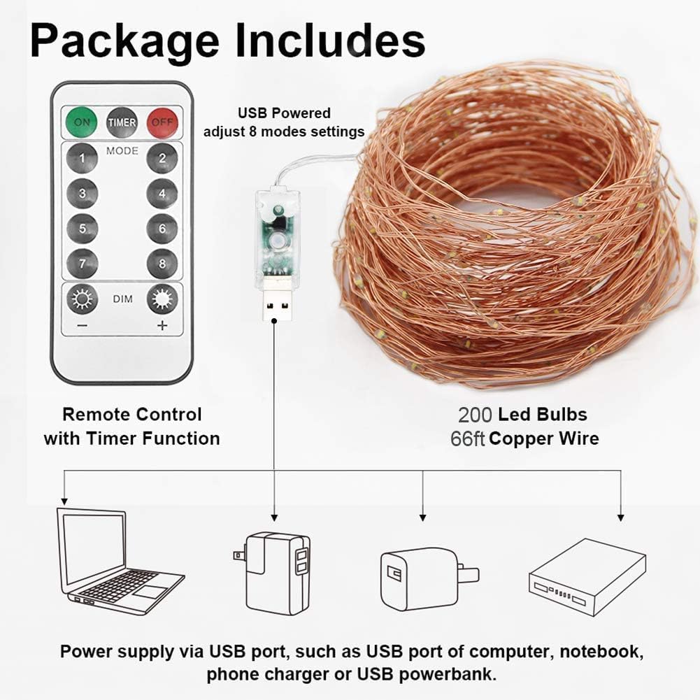 Twinkle Star Fairy Lights, 20m 200 LED USB Plug in Copper Wire String Lights with Remote/8 Modes/Timer, Christmas Lights for Outdoor/Indoor Lighting, Bedroom, Xmas Tree Decoration, Warm White