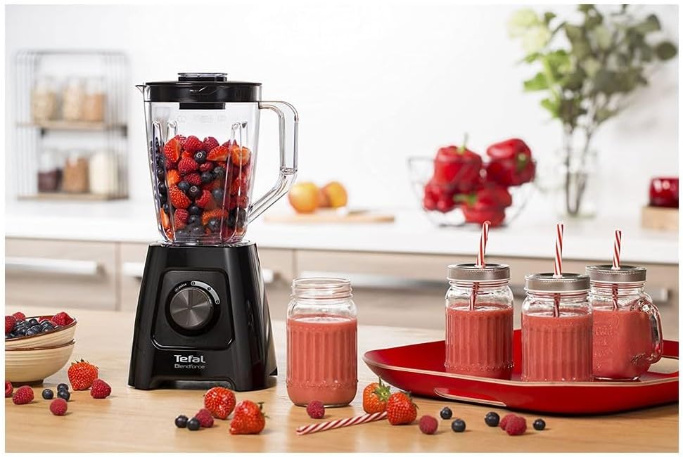 Tefal Blendforce II Blender, 2L Plastic Jug, 1.25L Effective Capacity, 600W, 4 Removable Stainless Steel Blades, Smoothie, Ice Crush, 2 Speeds + Pulse, Kitchen Shakes Maker, Black, BL420840