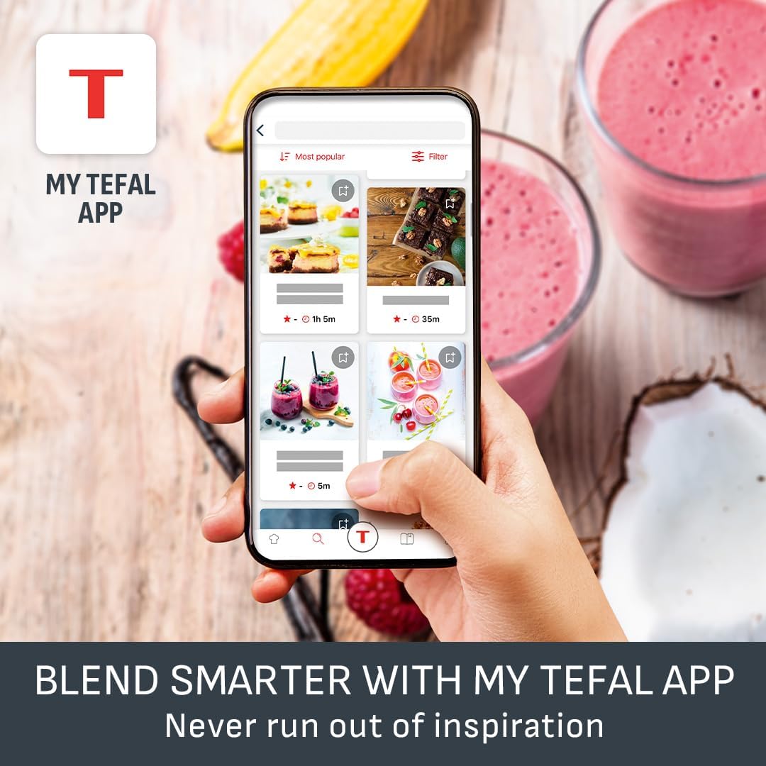 Tefal Blendforce II Blender, 2L Plastic Jug, 1.25L Effective Capacity, 600W, 4 Removable Stainless Steel Blades, Smoothie, Ice Crush, 2 Speeds + Pulse, Kitchen Shakes Maker, Black, BL420840