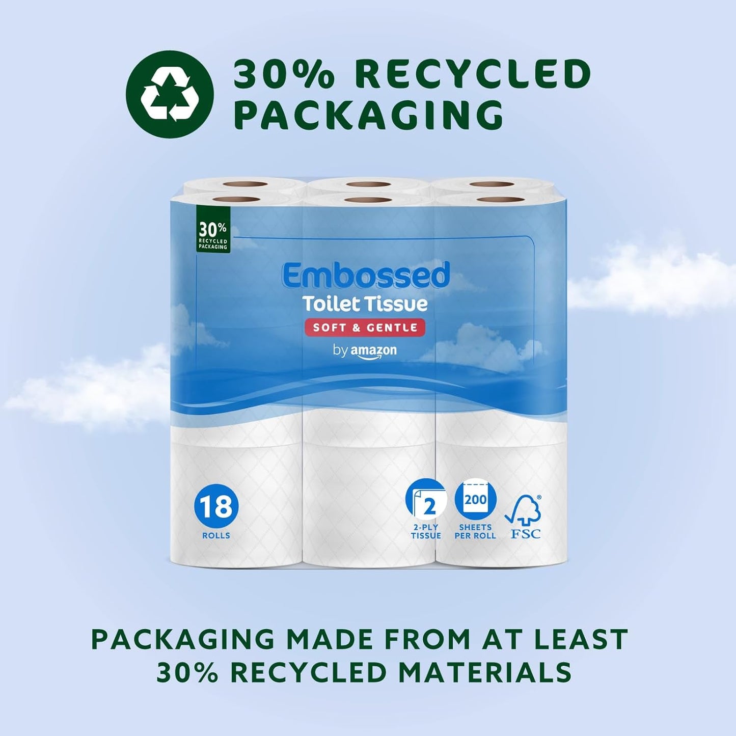Toilet Roll, 2-Ply Embossed, Soft and Gentle, 18 Rolls (Pack of 1), 200 Sheets per Roll, FSC Certified