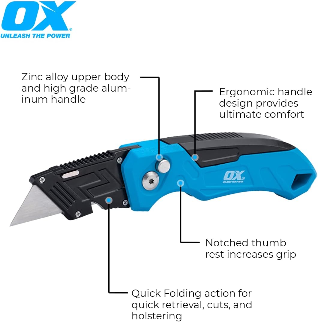 OX TOOLS P224301 Pro Heavy Duty Fixed Blade Folding Knife, Blue / Black