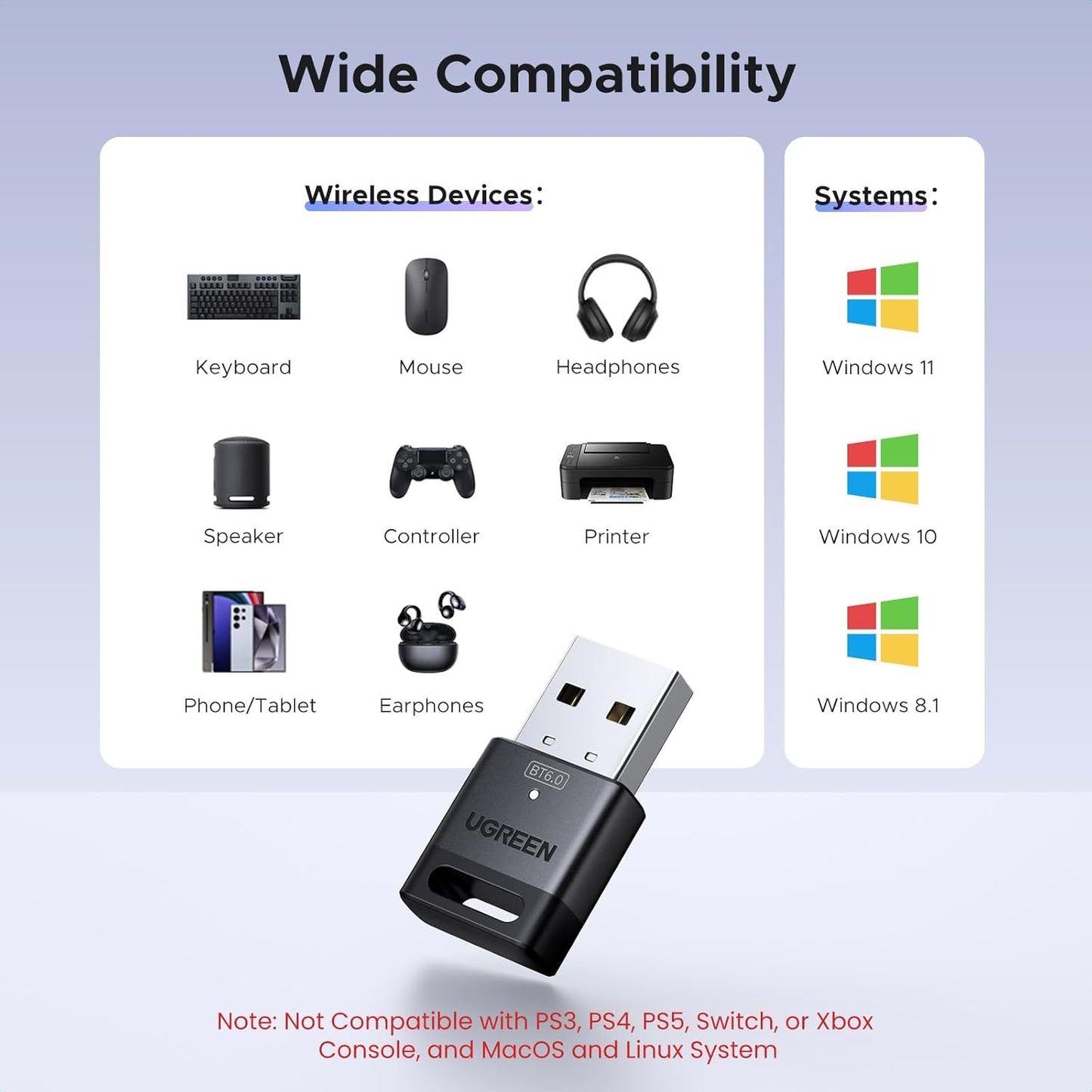 UGREEN Bluetooth 6.0 Adapter PC, USB Bluetooth Dongle for PC Windows 11/10/8.1, EDR & BLE Modes, Long Range, Plug & Play, Mini-Sized, for Controller, Headphone, Keyboard, Mouse etc.