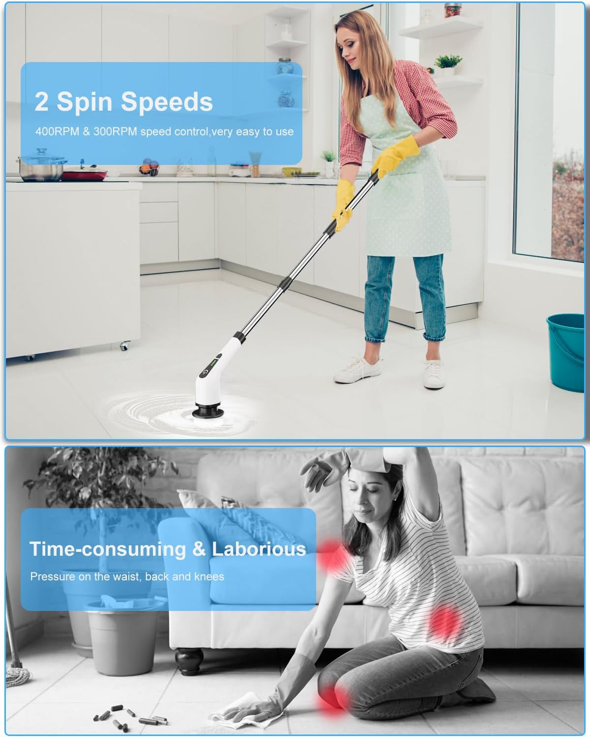 Leebein Cordless Electric Spin Scrubber – Extendable Handle with 8 Replaceable Brush Heads, 300/400 RPM for Bathroom, Kitchen, Floor & Tile Cleaning