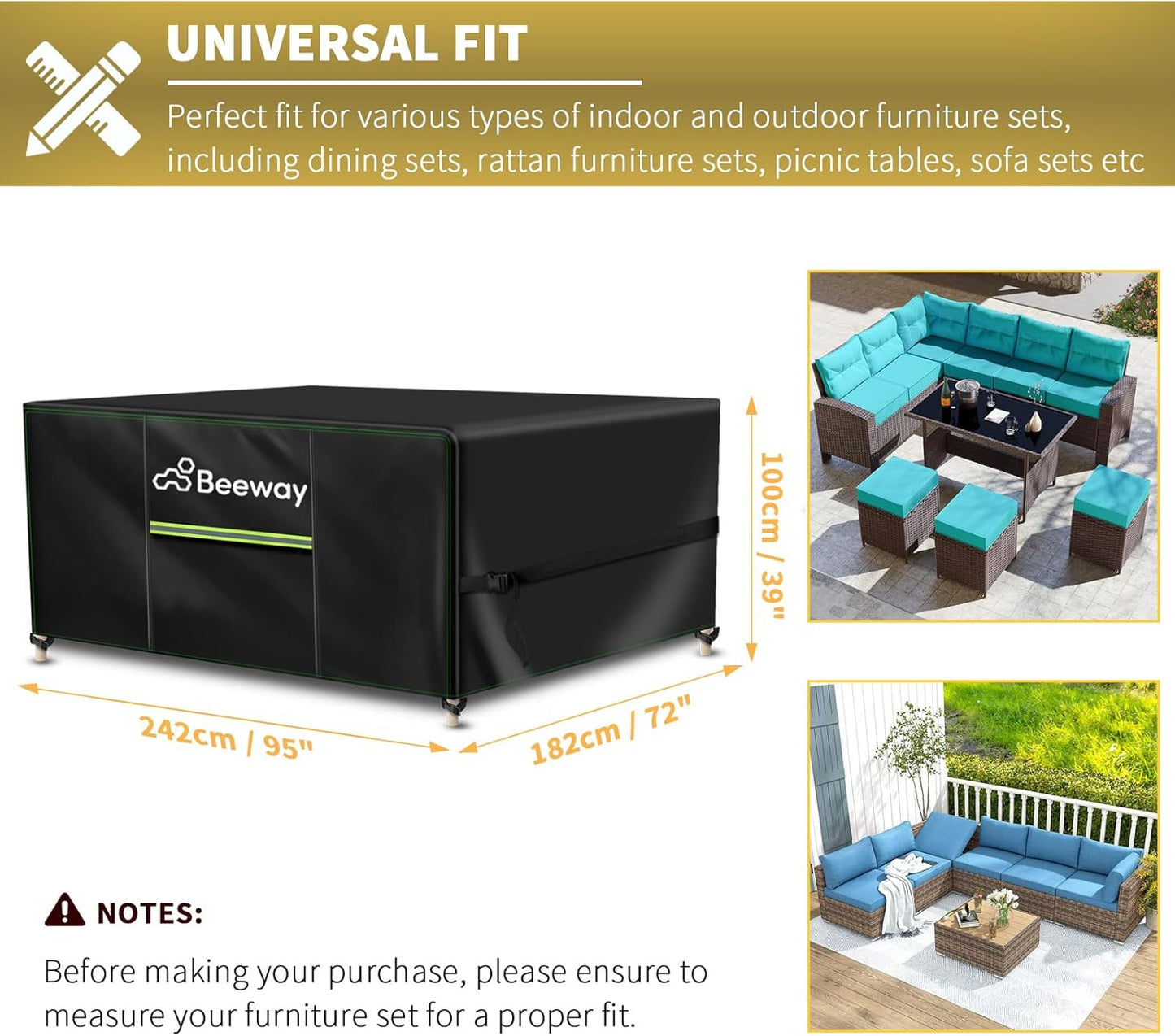 BEEWAY Garden Furniture Cover With Air Vent, Waterproof Patio Rattan Sofa Table Chair Set Cover - 420D Oxford Fabric, Windproof - Rectangular 242 x 182 x 100cm