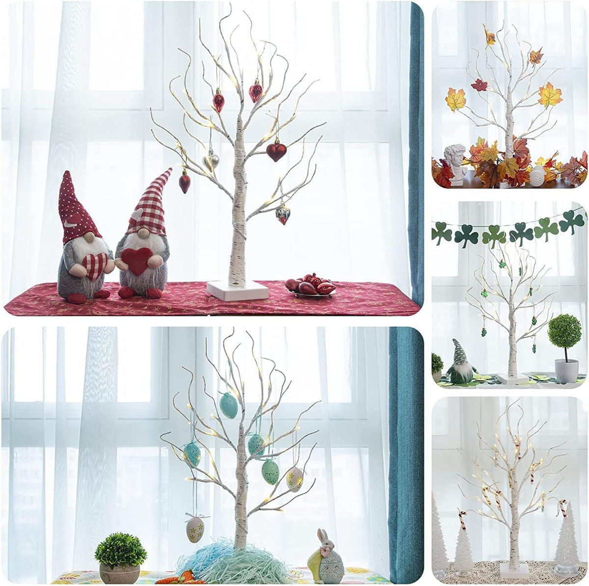 Set of 2-Vanthylit White Christmas Tree with Lights 2FT Tabletop Birch Tree with 24 Warm White LEDs Battery Operated Light up Twig Tree for Home Party Wedding Easter Christmas Decoration