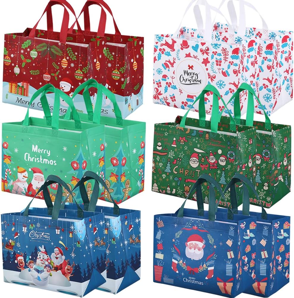 12 Pack Christmas Reusable Grocery Bag,Tote Bag with Handle, Gift Present Bag, Shopping Bag for Holiday Xmas Event Party