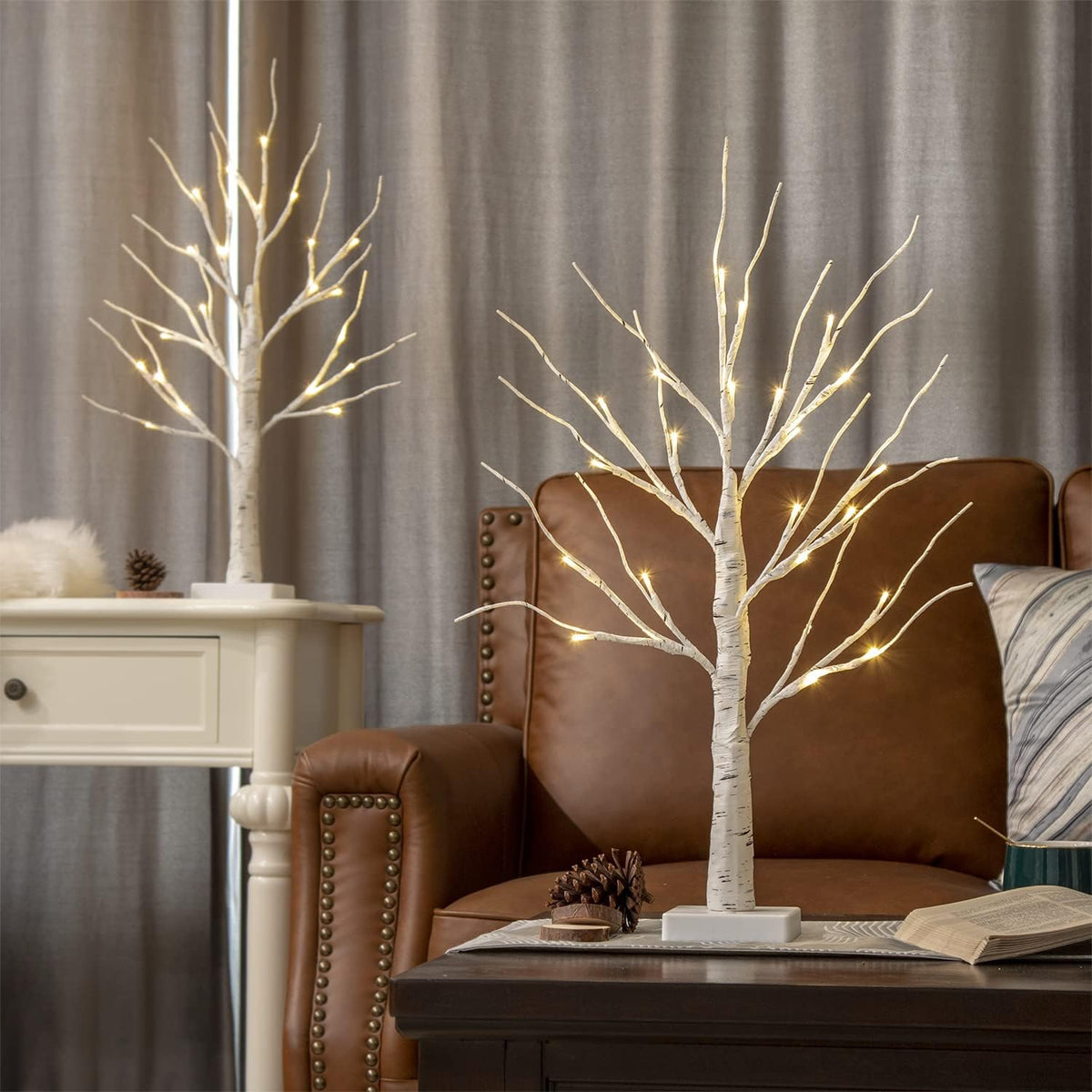 Set of 2-Vanthylit White Christmas Tree with Lights 2FT Tabletop Birch Tree with 24 Warm White LEDs Battery Operated Light up Twig Tree for Home Party Wedding Easter Christmas Decoration