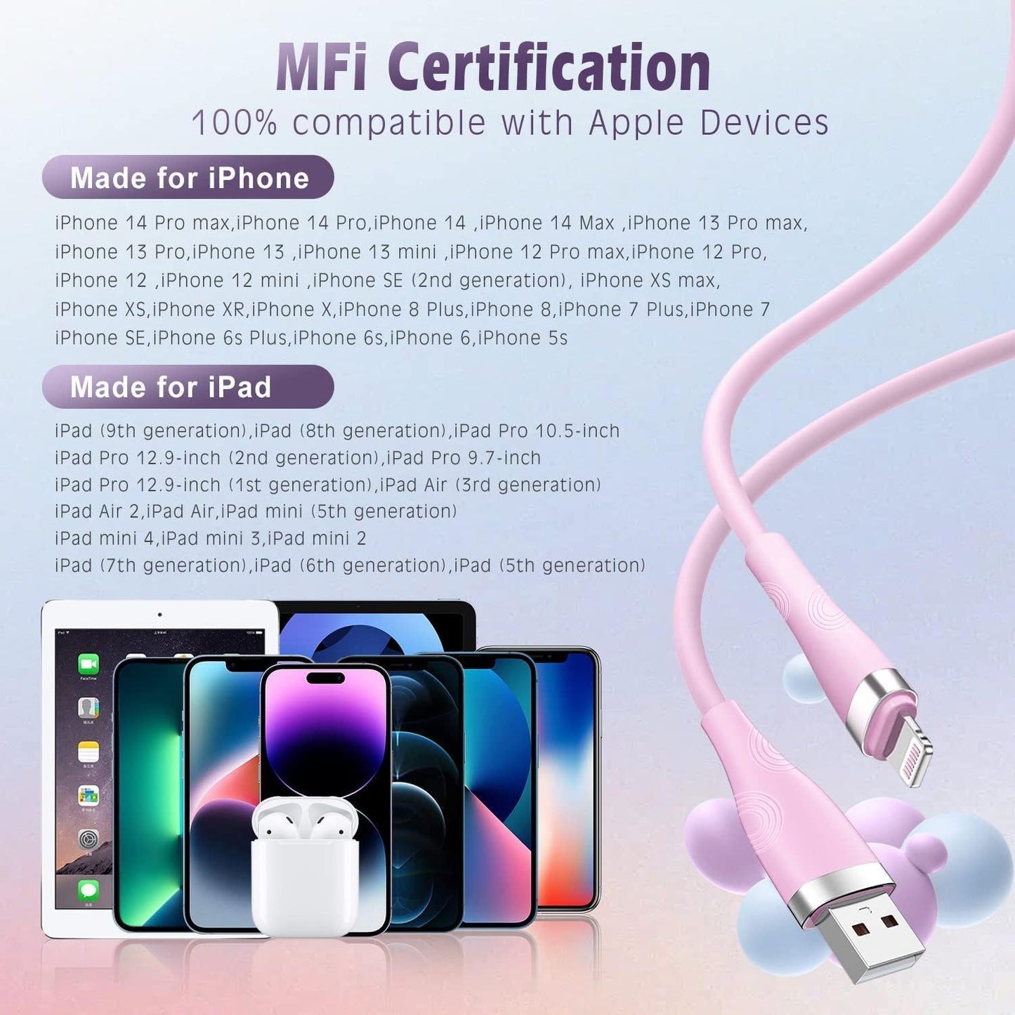 Yavud iPhone Charger Cable 3Pack 6FT/1.8M, MFi Certified Lightning Cable Fast Charging Cable Lead PVC Long Charging Cord for iPhone 14 plus 14 pro max 13 12 11 XS X XR 8 plus 7 6