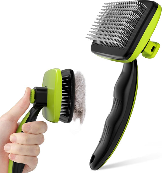 Pecute Cat and Dog Brush for Grooming - Self Cleaning Slicker With Rounded Pins for Short Haired Cats and Small Dogs - Safe and Smooth