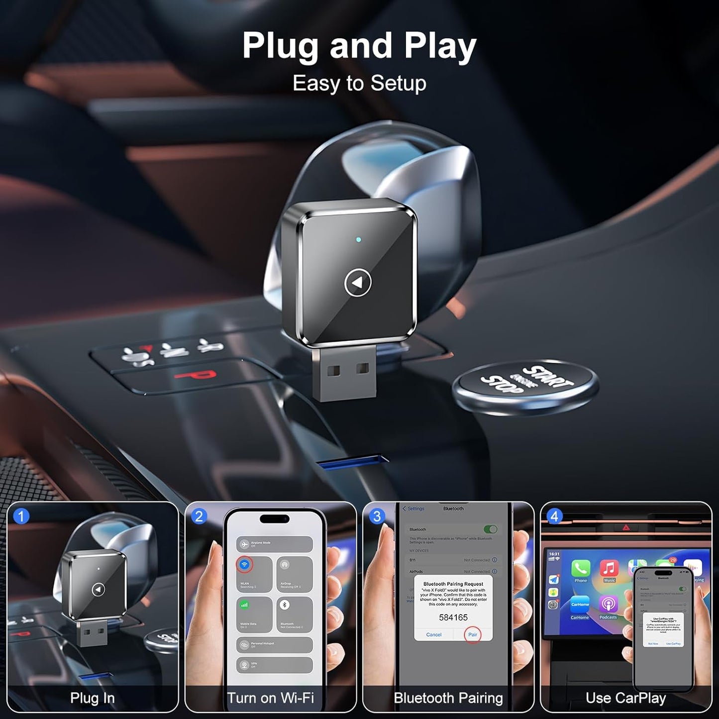 Mini CarPlay Wireless Adapter for iPhone - Wireless CarPlay Dongle Box, Converts Wired CarPlay to Wireless, Plug and Play Wireless Adapter for Apple CarPlay, Compatible with iPhones Running iOS 12+