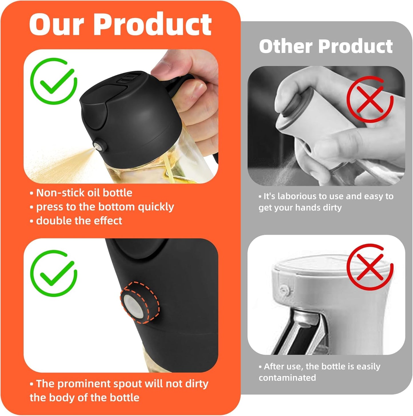 TrendPlain 470ml Olive Oil Spray Bottle - 2 in 1 Olive Oil Dispenser Bottle for Kitchen Accessories - Kitchen Gadgets, For Air Fryer - Black