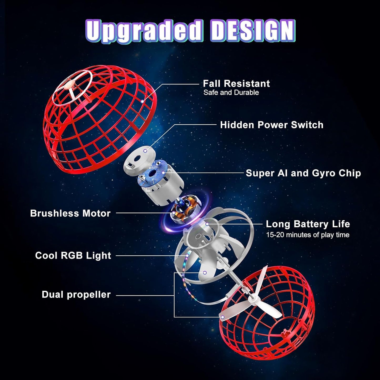 XINHOME Flying Ball Orb Toys Hover Ball Pro Flying Spinner Toy UFO RGB Cool Stuff Globe Orbi Magic Boomerang Hand Controller Mini Drone for 8 9 10 11 12 boys girls Kids (Red)