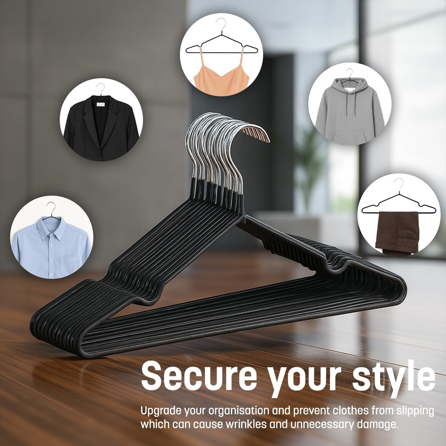 KEPLIN 20 Pack Premium Rubber Coated Metal Hangers - Heavy Duty - Space Saving Organiser Clothes Hangers For Wardrobes Coat Rack Rails (Black)