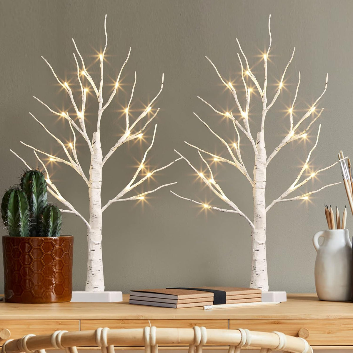 Set of 2-Vanthylit White Christmas Tree with Lights 2FT Tabletop Birch Tree with 24 Warm White LEDs Battery Operated Light up Twig Tree for Home Party Wedding Easter Christmas Decoration
