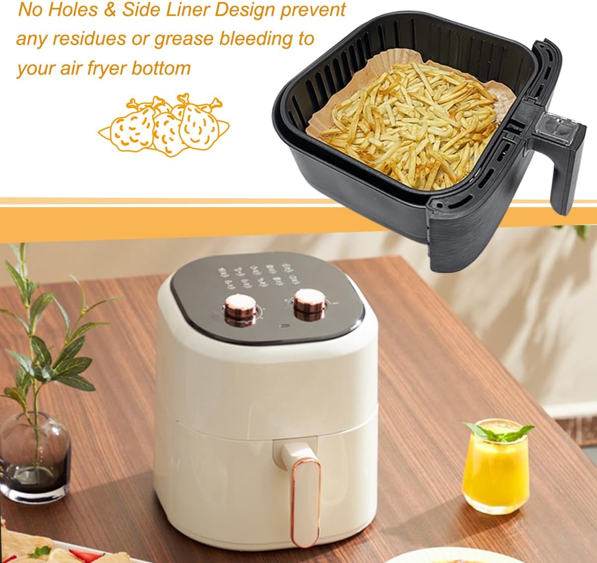 BYKITCHEN Air Fryer Parchment Paper Liner, 50PCS Square Air Fryer Liners Disposable, Greaseproof Paper, Compatible with COSORI, Ninja, Tefal, Russell Hobbs Fryers