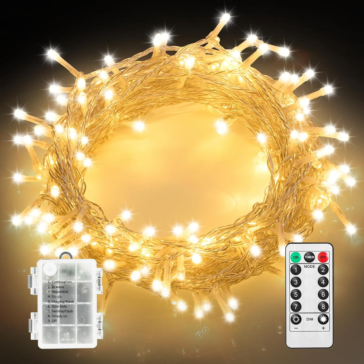 Twinkle Star Battery Fairy Lights Indoor Outdoor, 10m 100 LED Battery Christmas Lights with Timer/Remote/8 Mode/Dimmable, Waterproof String Lights for Party Xmas Tree Decorations, Warm White
