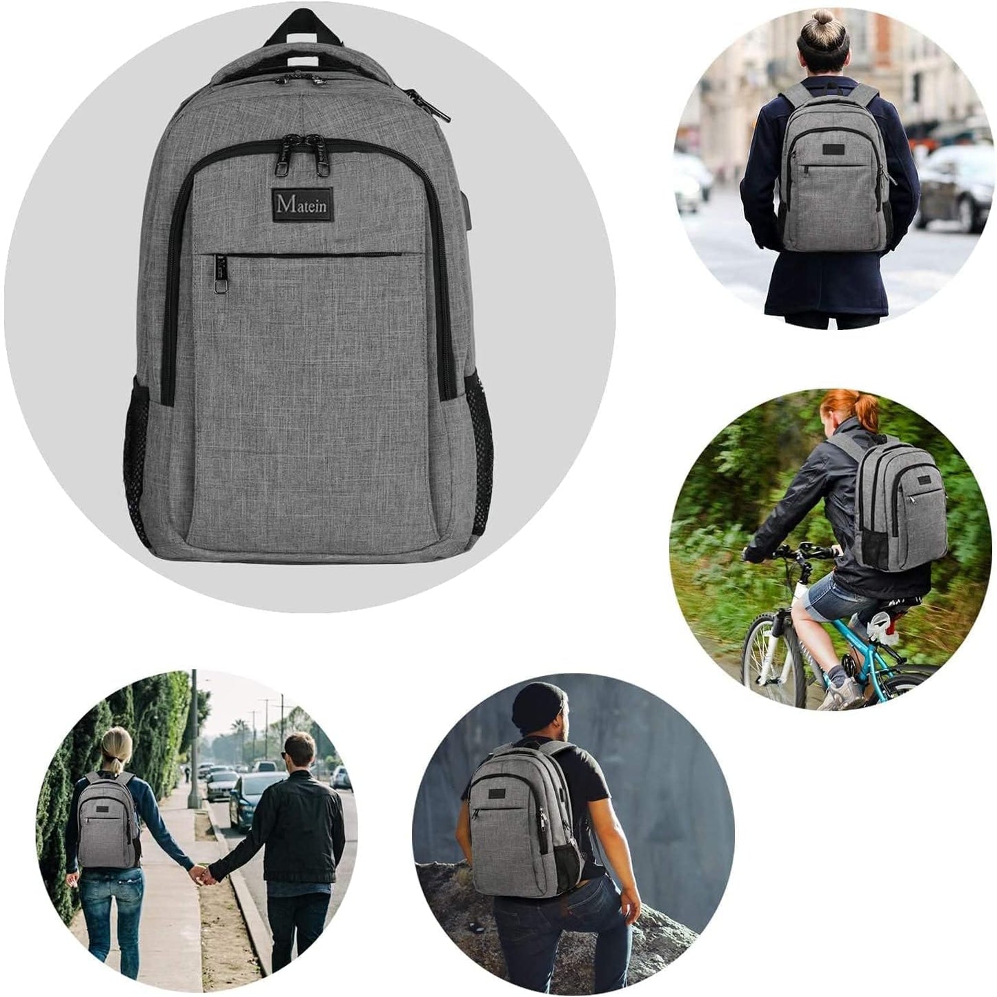 MATEIN Travel Laptop Backpack, Work Bag Lightweight Laptop Bag with USB Charging Port, Anti Theft Business Backpack, Water Resistant School Rucksack Gift for Men and Women, Fits 15.6 Inch, Grey