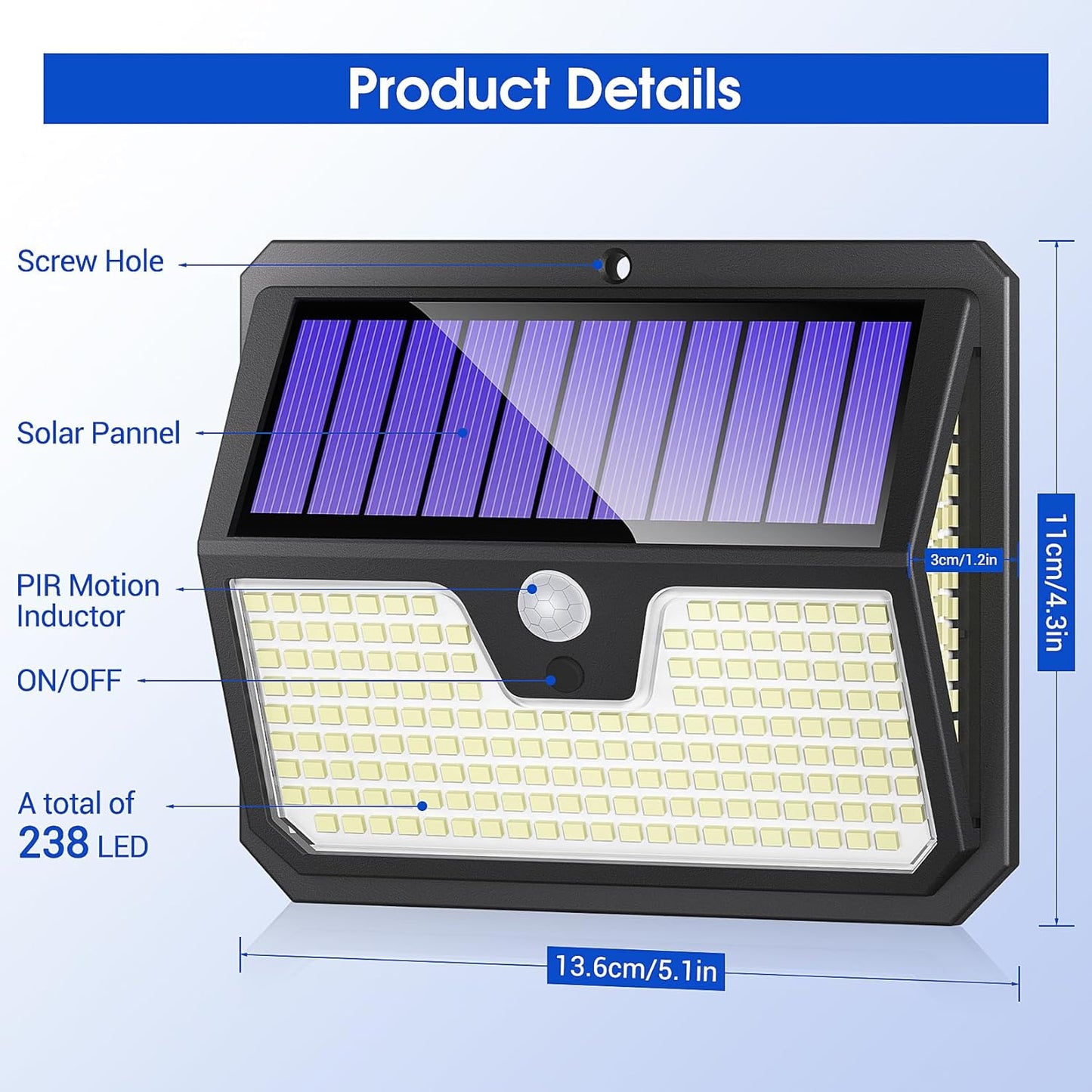 Outdoor Solar Lights, 238 LED Solar Security Lights and 3 Modes Motion Sensor 270° Wide Angle Solar Powered Lights IP65 Waterproof Solar Wall Light for Front Door, Yard, Garage, Garden (4 Pack) [Energy Class A+++]
