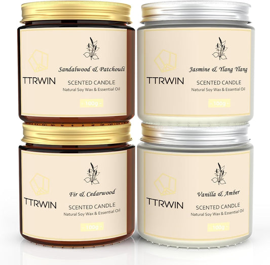 TTRWIN Scented Candles Gift Set, 4 Pack Natural Soy Candles: Jasmine & Ylang Ylang, Sandalwood & Patchouli, Fir & Cedarwood, Vanilla & Amber, Aromatherapy Gift for Christmas Birthday