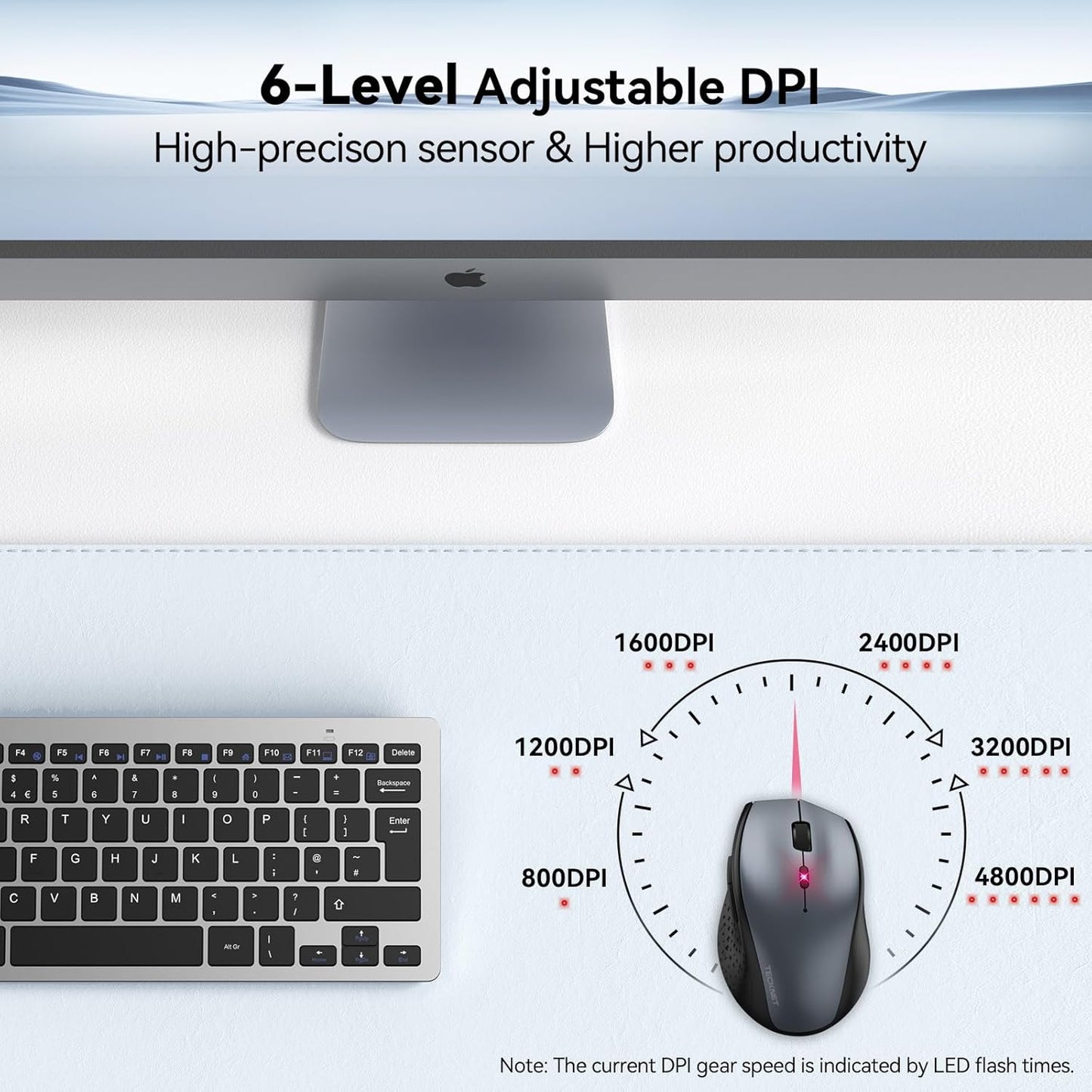 Wireless Mouse – 4800 DPI Optical Mouse with 6 Adjustable Levels, Silent Clicks, 2.4G Cordless USB Receiver for Laptop, PC & Notebook – Grey