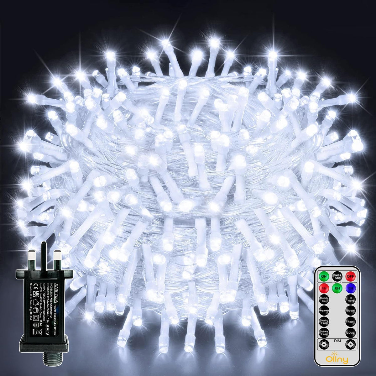 Ollny 20m 200 LED Fairy Lights Mains Powered, Outdoor Waterproof String Light with Remote/Plug/Modes/Timer, Bright Cool White Lighting Outside Indoor Garden Tree Party Wedding Decorations