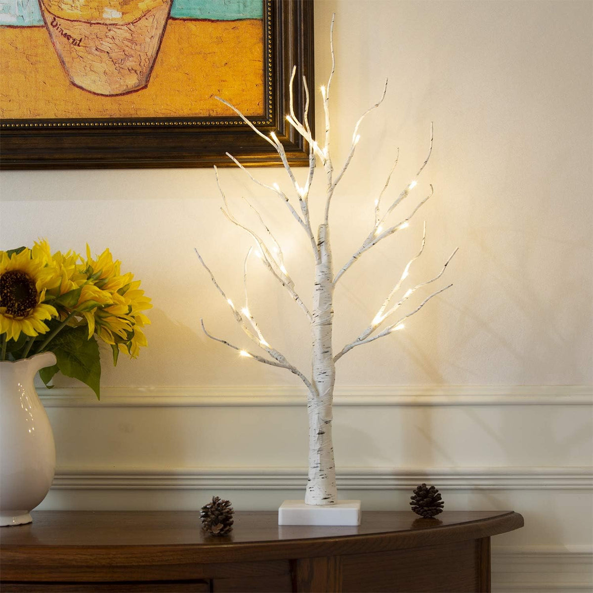 EAMBRITE White Christmas Tree with Lights Mini Birch Twig Tree Ornament with 24 Warm White LEDs Battery Operated Tabletop Decoration for Christmas Home Party Wedding