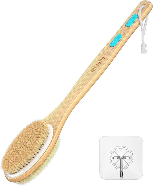Metene Back Scrubber for Shower, Shower Brush for Exfoliating Skin and A Soft Scrub, Double-sided Body Brush Head for Wet or Dry Brushing, Long Wooden Handle Cleans the Body Easily