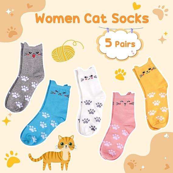 Christmas Gifts for Women Stocking Fillers: 5 Pairs Cotton Cat Socks Womens 4-7, Funny Novelty Animal Warm Socks Lovers Cat Secret Santa Present Christmas Xmas Gifts for Women Her Mum Teenage Girls