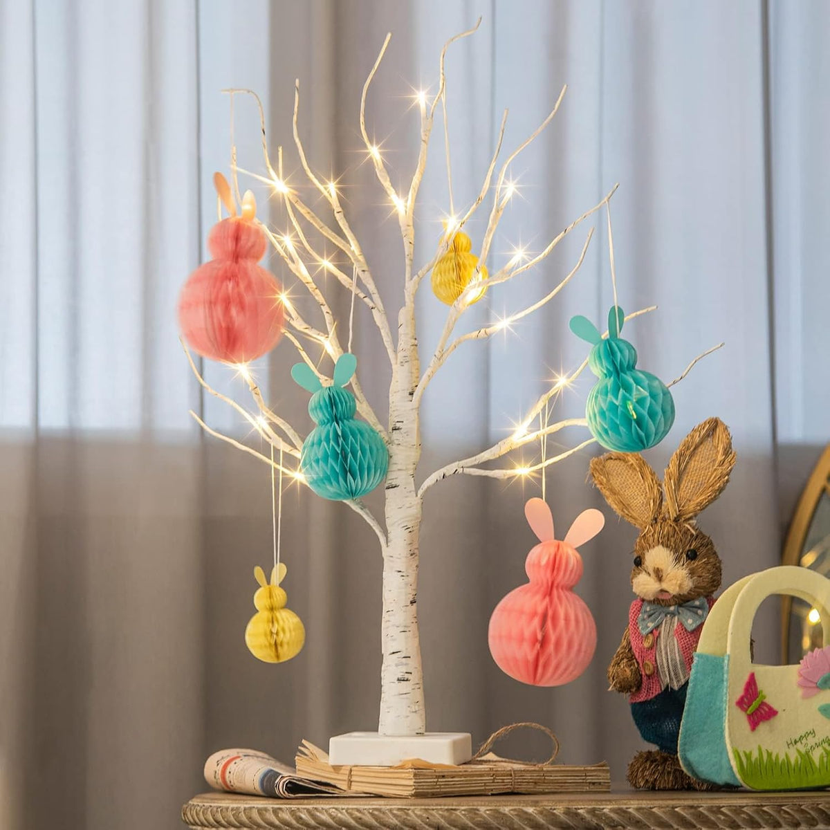 EAMBRITE White Christmas Tree with Lights Mini Birch Twig Tree Ornament with 24 Warm White LEDs Battery Operated Tabletop Decoration for Christmas Home Party Wedding