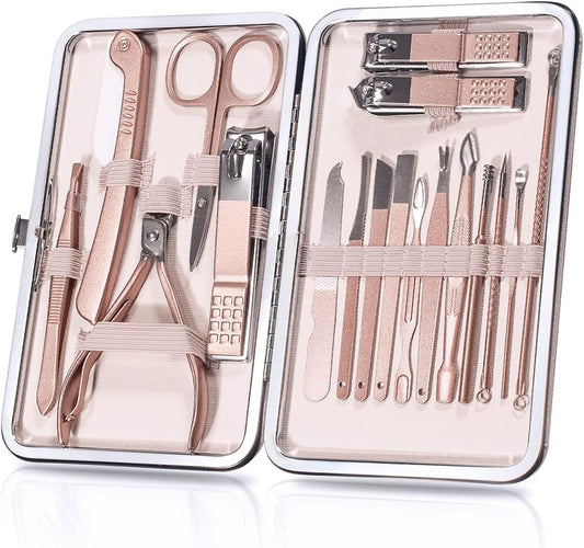 OWill Manicure Set, 18pcs Nail Clippers Pedicure Kit with PU Leather Case Nail Care Kit Professional Tools Gift for Women Wife Girlfriend Parents(Rose Gold)