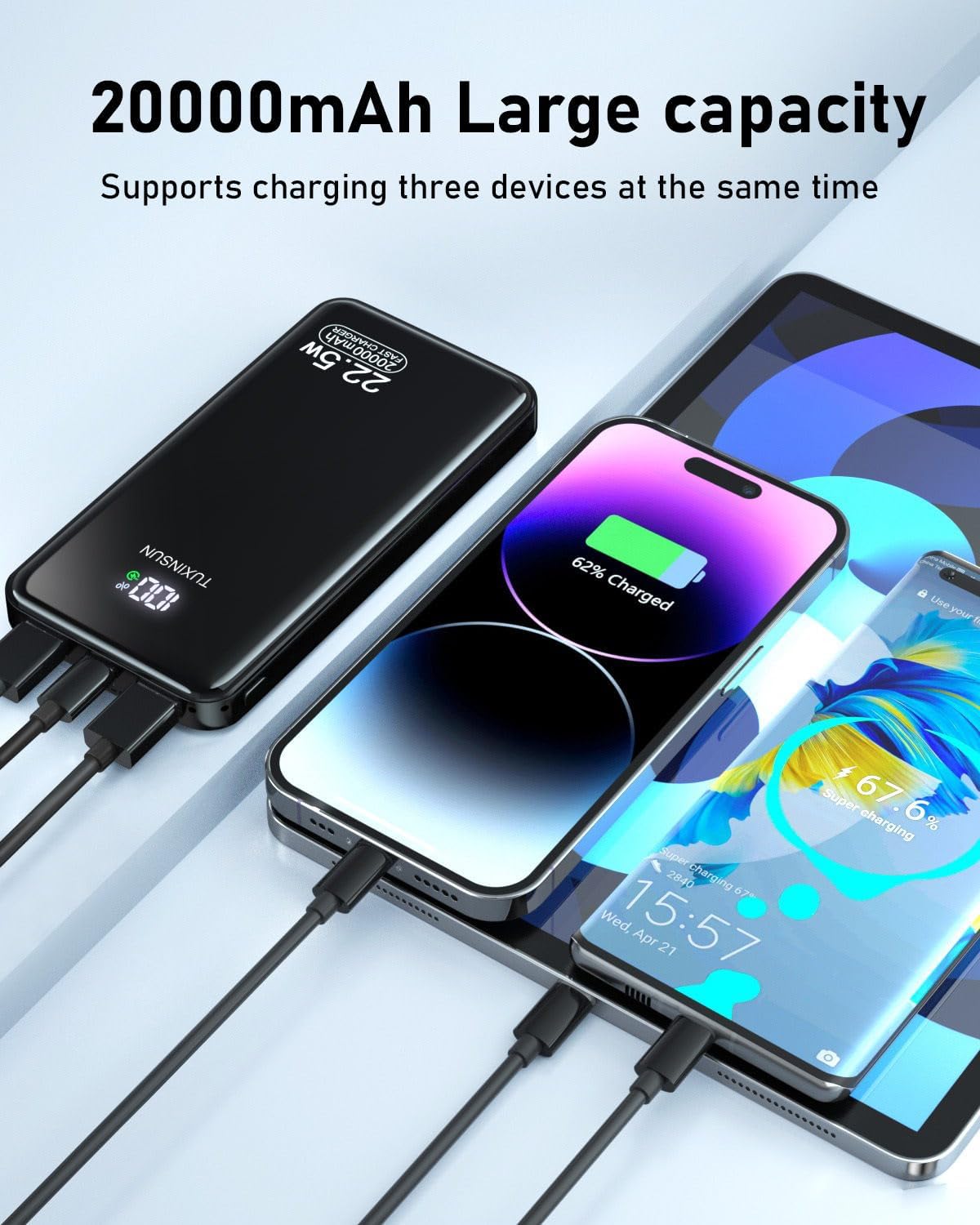 20,000mAh Portable Power Bank – 22.5W Fast Charging with PD3.0 & QC4.0, USB-C Charger with LCD Display, 3 Outputs & 2 Inputs – Perfect for Smartphones and Outdoor Use (Black)
