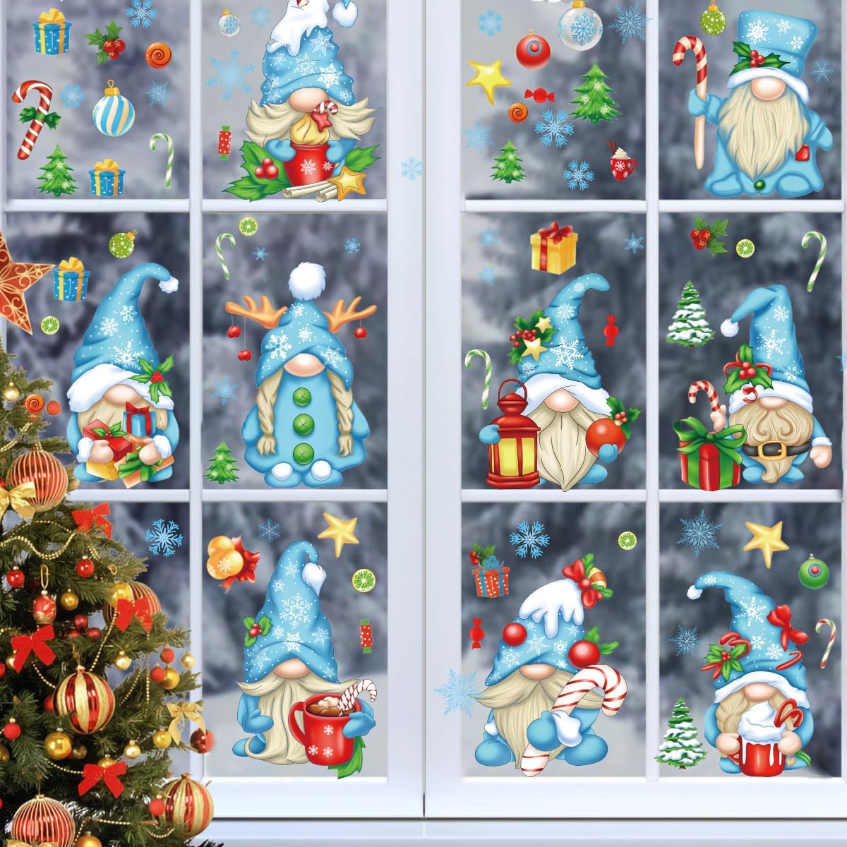 Large White Christmas Tree Reindeer Door Cover Window Stickers Removable Murals Christmas Snowflakes Window Stickers Clings Christmas Home Store Shop Decorations Window