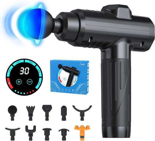 Portable Deep Tissue Massage Gun – 30-Speed Muscle Massager with LCD Touch Screen & 10 Attachment Heads – Ideal for Body, Back & Shoulder Relaxation