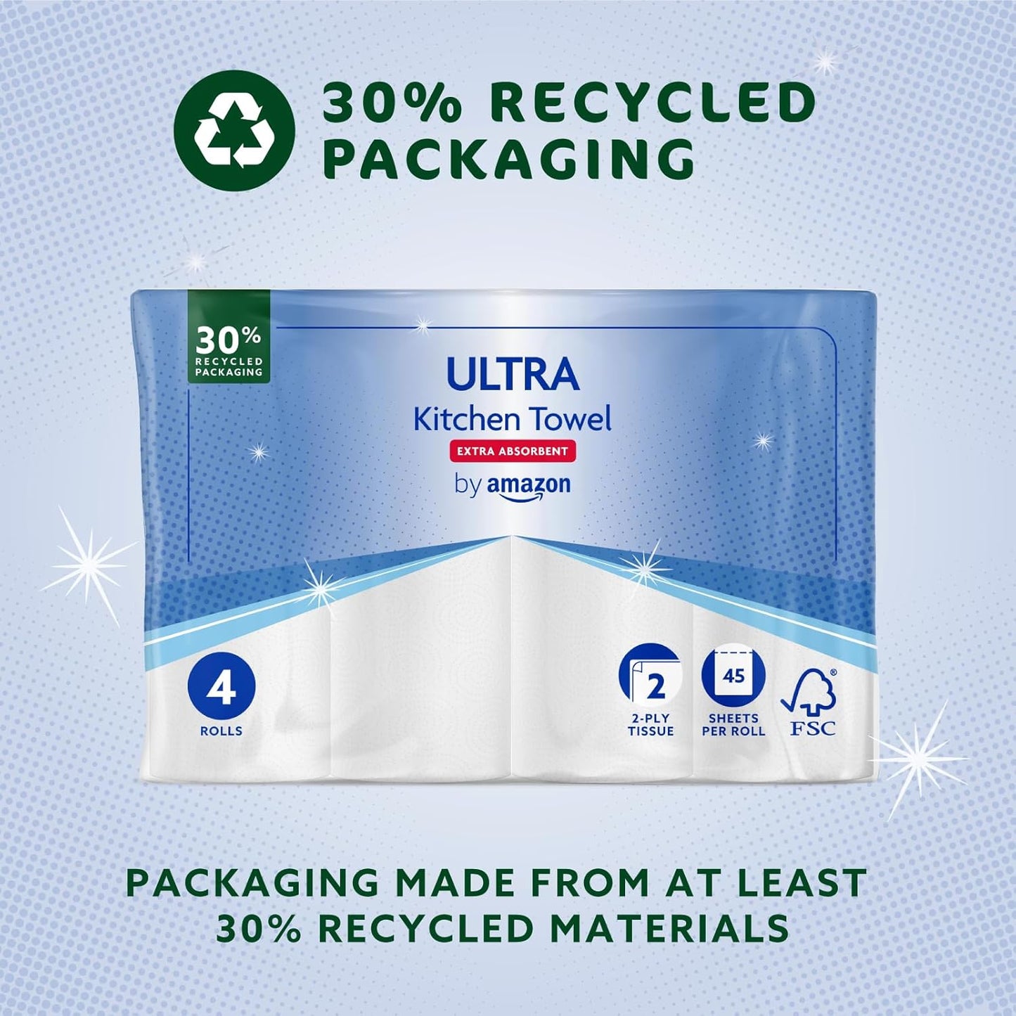 ULTRA Kitchen Roll, Extra Absorbent, 4 Rolls (Pack of 1), 45 Sheets per Roll, Wring and Reuse, FSC Certified