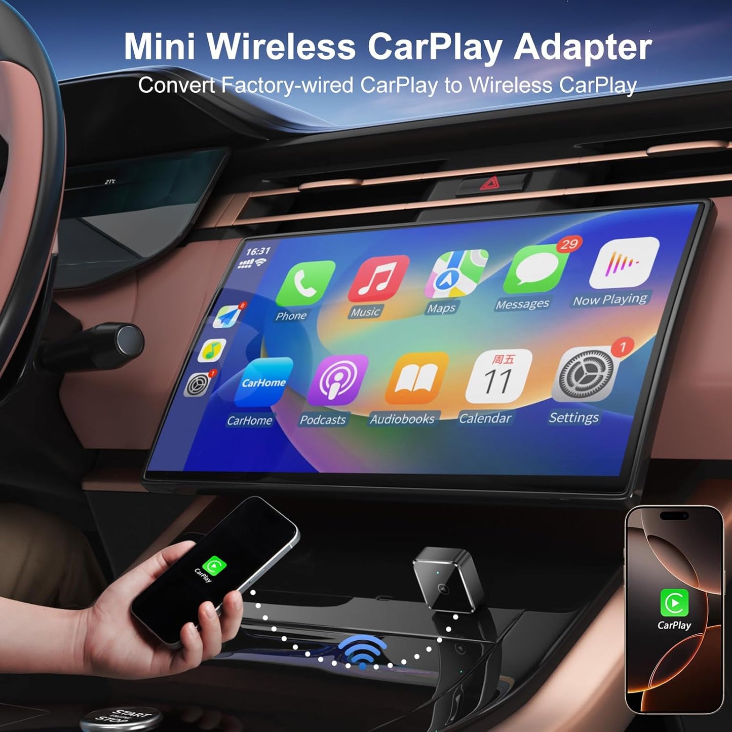Mini CarPlay Wireless Adapter for iPhone - Wireless CarPlay Dongle Box, Converts Wired CarPlay to Wireless, Plug and Play Wireless Adapter for Apple CarPlay, Compatible with iPhones Running iOS 12+