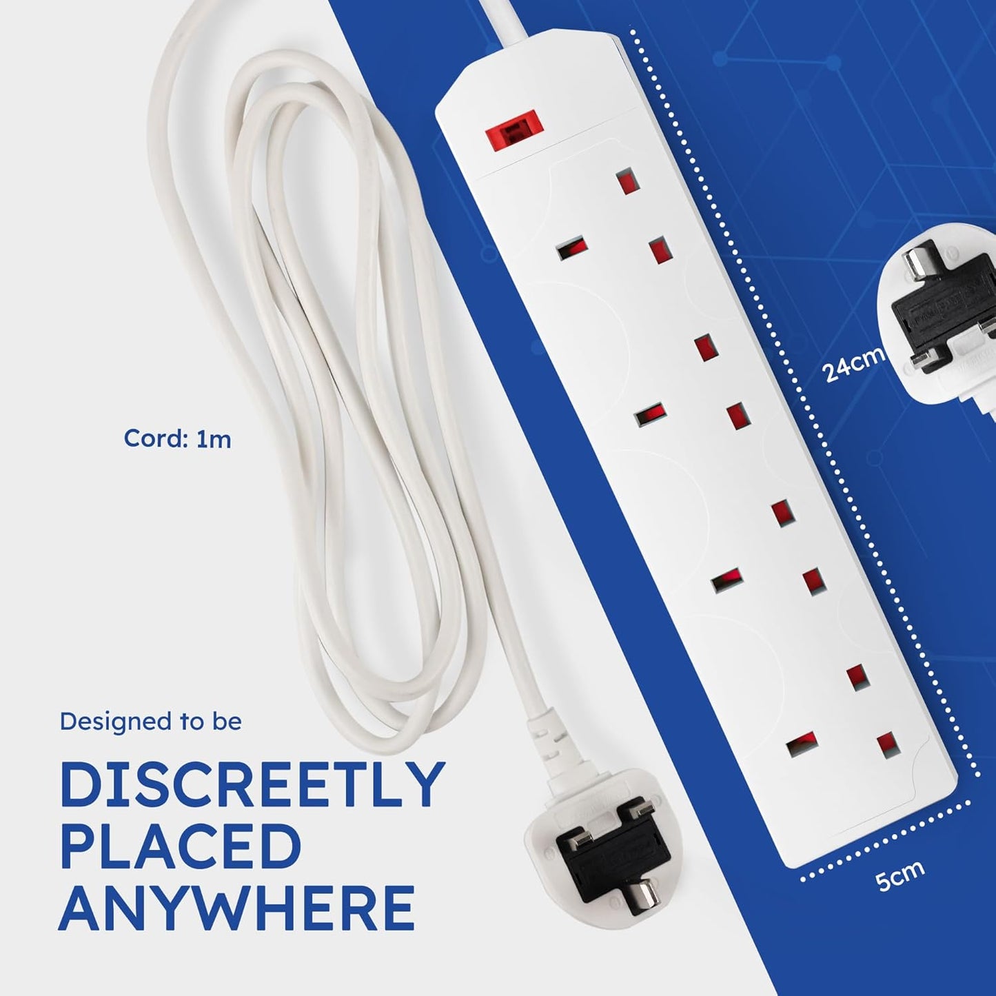 DESIRETECH White Electric Extension Lead - 4 Gang, 1 Metre Cable with UK Plug & 3 Pin Socket - Wall Mountable & Multi Socket Mains Strip for Home, Bedroom, Kitchen, & Office (1 Pack)
