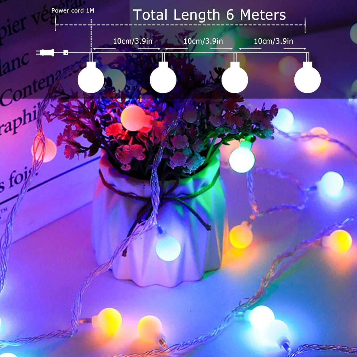 Fairy Lights Battery, 7M 60 LED Globe String Lights with 8 Lighting Modes, Fairy Light Battery Waterproof for Indoor, Outdoor, Christmas (Multi-Coloured)
