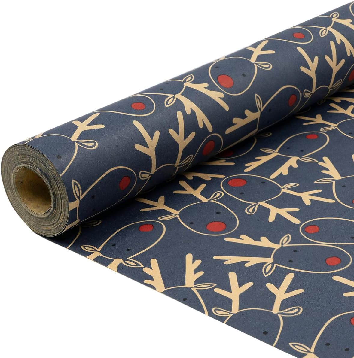 Christmas Wrapping Paper Roll – 15M x 43cm Blue Kraft Gift Wrap with Festive Elk Pattern, Recyclable Xmas Wrapping Paper for Holiday, Party & Christmas Decorations