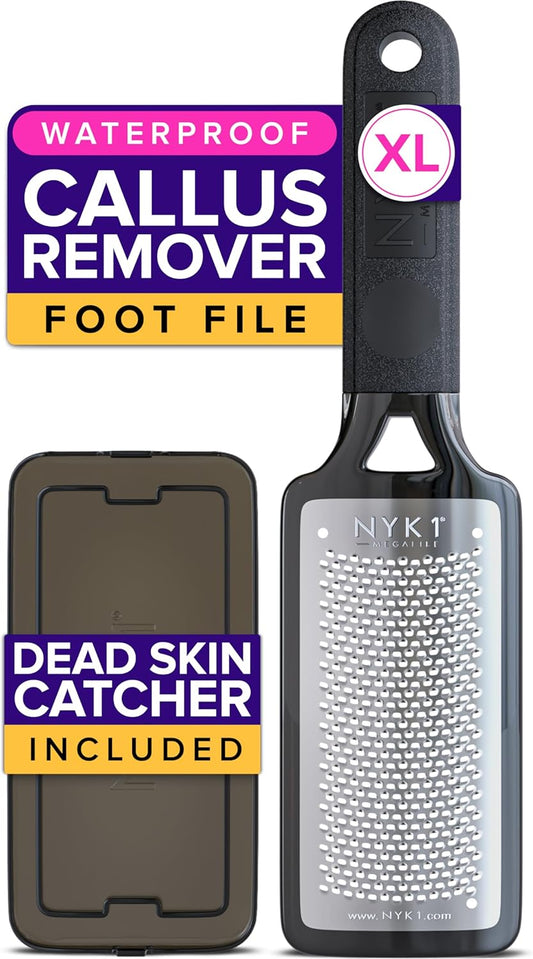 NYK1 MEGAFILE Rustproof Foot File with Catcher (XL Size) – High-Performance Foot Care Tool for Wet & Dry Use – Textured Grip for Non-Slip Control