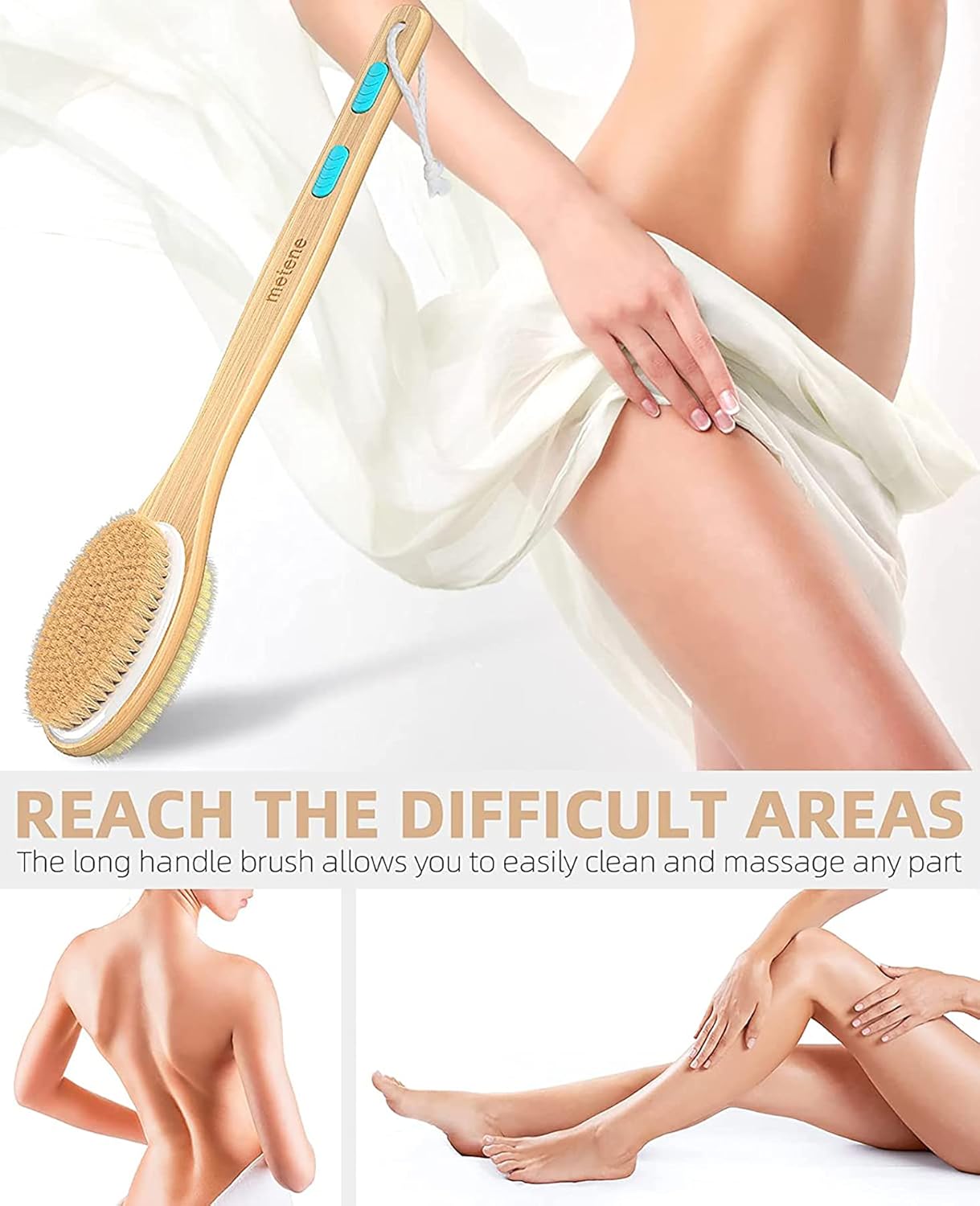 Metene Back Scrubber for Shower, Shower Brush for Exfoliating Skin and A Soft Scrub, Double-sided Body Brush Head for Wet or Dry Brushing, Long Wooden Handle Cleans the Body Easily
