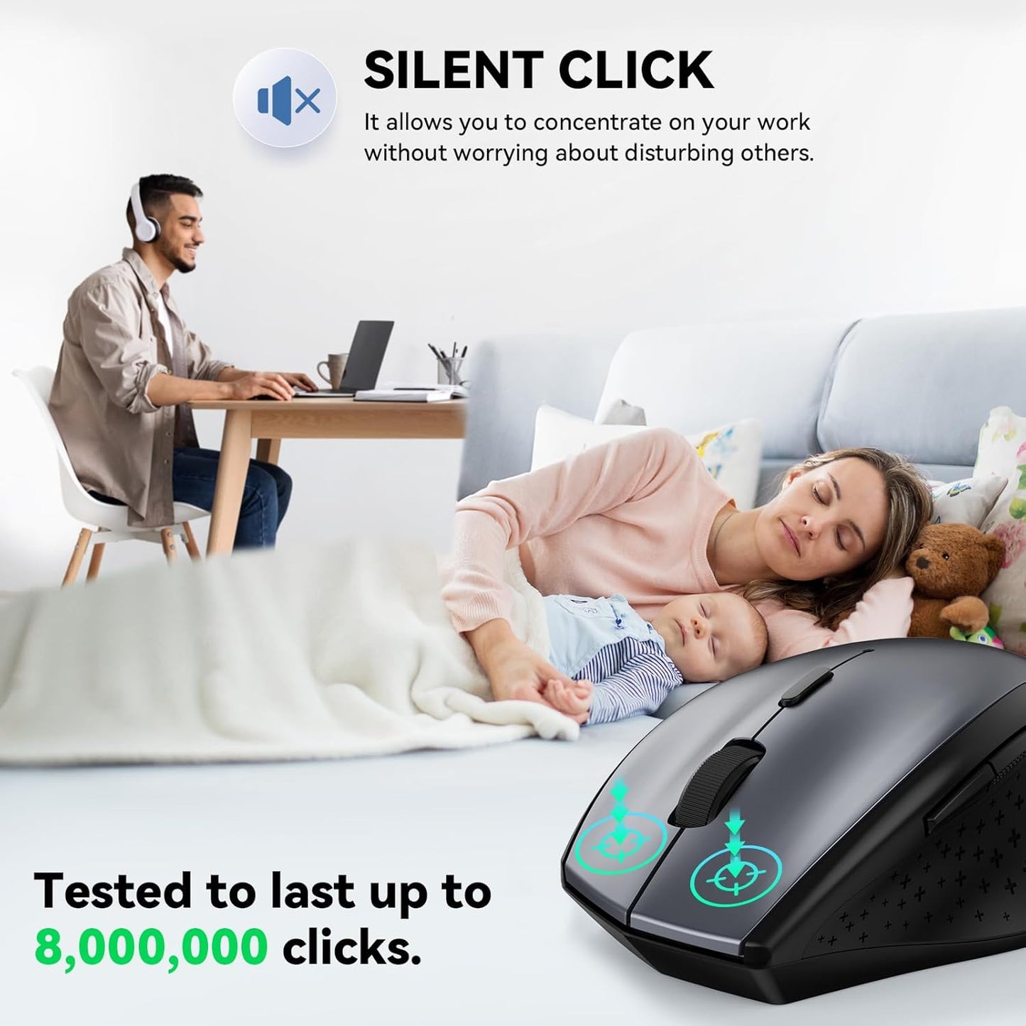 Wireless Mouse – 4800 DPI Optical Mouse with 6 Adjustable Levels, Silent Clicks, 2.4G Cordless USB Receiver for Laptop, PC & Notebook – Grey