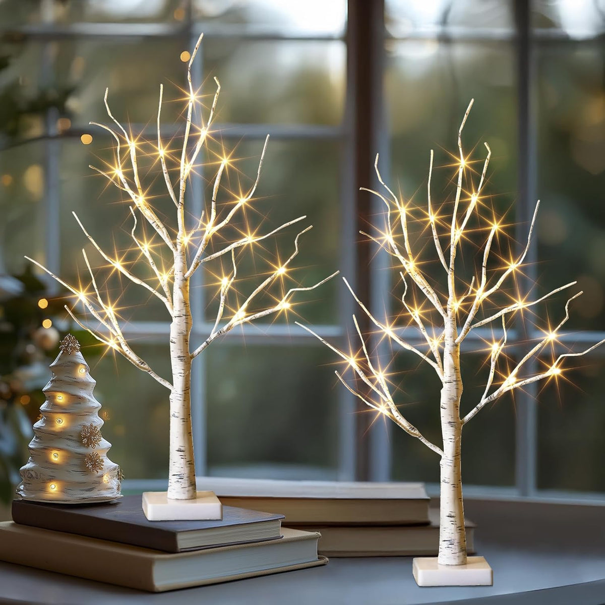 Set of 2-Vanthylit White Christmas Tree with Lights 2FT Tabletop Birch Tree with 24 Warm White LEDs Battery Operated Light up Twig Tree for Home Party Wedding Easter Christmas Decoration