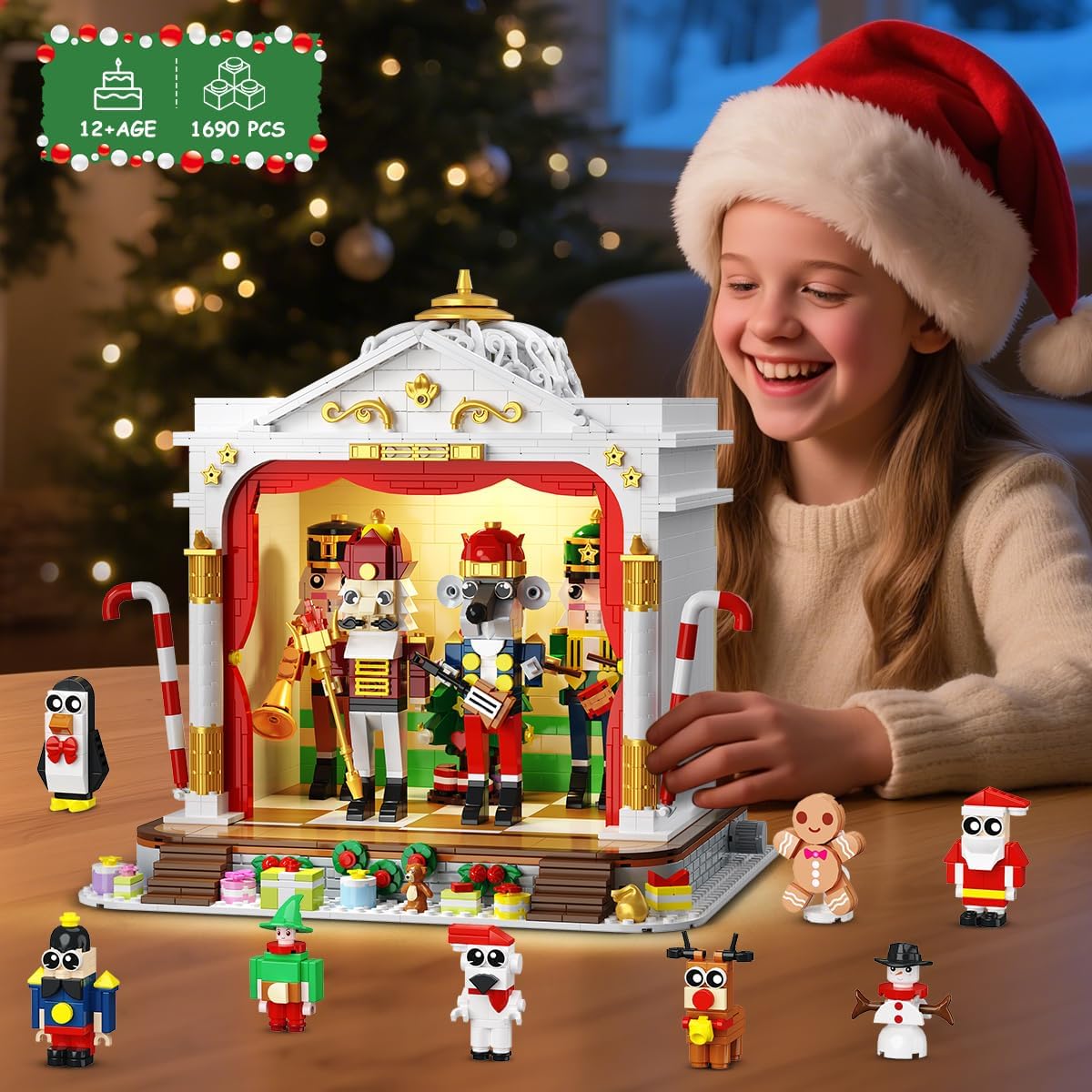 CUBIMANA 2025 Christmas Nutcracker Theater Building Set with Light, 3.6 Mini Building Block Toy with 4 Nutcrackers & 8 Minifigures, 1690PCS with Xmas Tree Train for Adult Girl Boy Age 12+