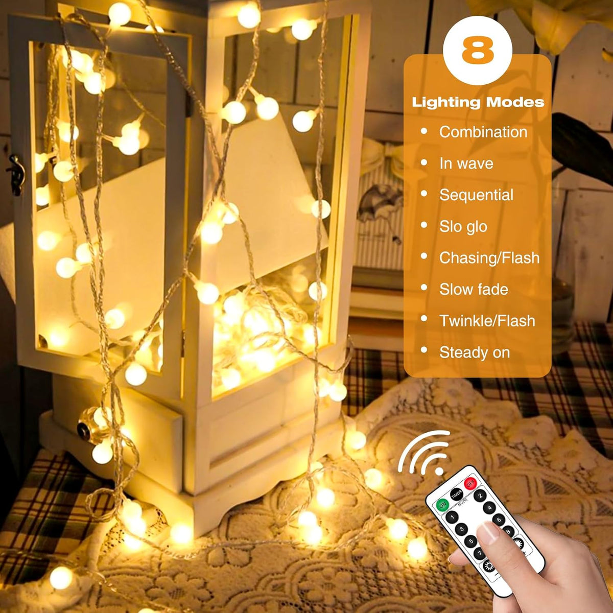 Kolpop Globe Fairy Lights Battery Operated with Remote & Timer, 10.3M 80LED 8 Modes String Lights Waterproof, Warm White Fairy Light for Indoor Outdoor Christmas Bedroom Garden