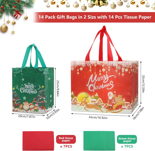14 Pack Christmas Bags for Gift Assorted Sizes with Tissue Paper, Non-woven 8 Large & 6 Medium Reusable Xmas Party Tote Bag With Handle For Friends Family Kids Present Wrapping,Waterproof