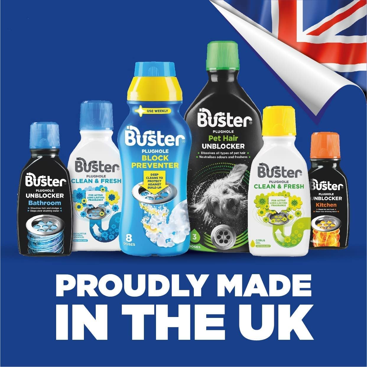 Buster Bathroom Drain Unblocker 300ml, Pack of 3 – Sink Unblocker Removes Hair & Sludge in Showers, Baths & Sinks. Fast-Acting Shower Drain Unblocker Clears Blockages & Slow-Draining Water
