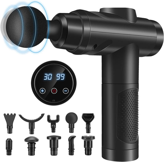 Massage Gun for Muscle Relaxation – 30-Speed Percussion Massager with LCD Touch Screen & 10 Attachment Heads – Quiet Operation for Shoulder, Back & Full Body (Black)